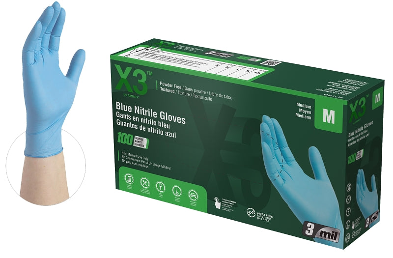 Ammex X3 Series X344100 Non-Sterile Disposable Gloves, M, Nitrile, Powder-Free, Blue