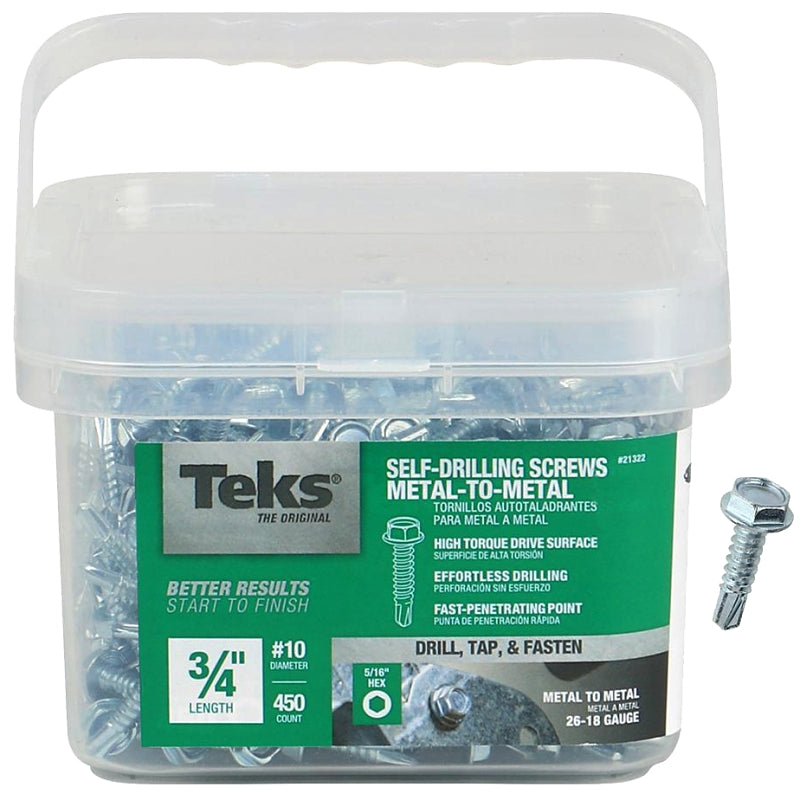 Teks 21322 Screw, #10 Thread, 3/4 in L, Hex Drive, Self-Drilling, Self-Tapping Point, Steel, Zinc, 450 PAIL