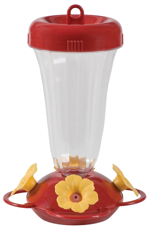 Perky-Pet 136TF Bird Feeder, Yellow Flower Top-Fill, 16 oz, Nectar, 4 -Port/Perch, Plastic, Red, 8.9 in H