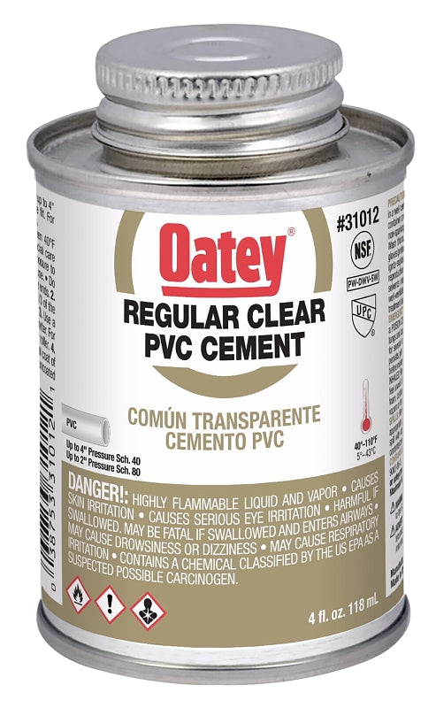 Oatey 31012 Solvent Cement, 4 oz Can, Liquid, Clear