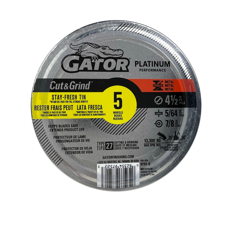 Gator 97525 Cut-Off Wheel, 4-1/2 in Dia, 5/64 in Thick, 7/8 in Arbor, Aluminum Oxide Abrasive