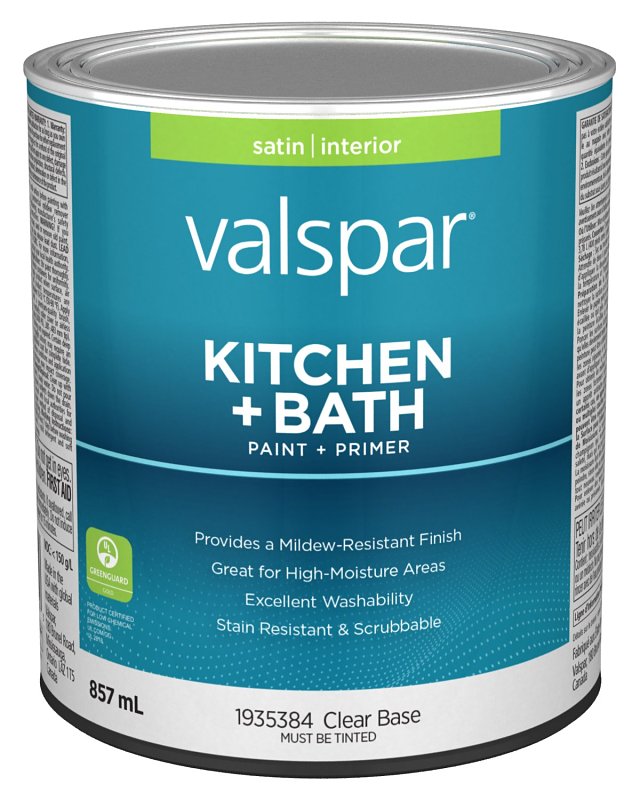 Valspar 029.1935384.005 Kitchen and Bath Interior Paint and Primer, Satin, Clear, 1 qt