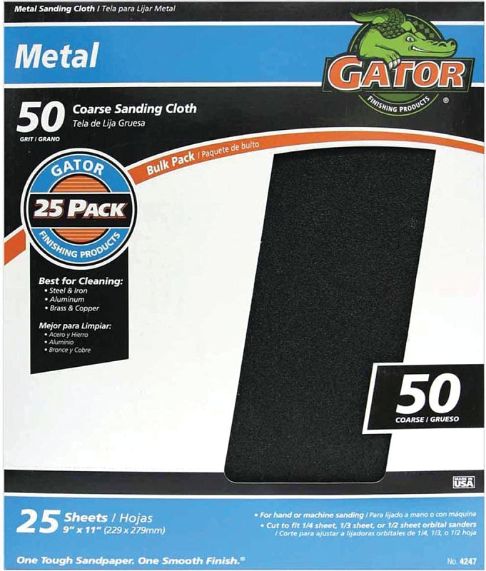 Gator 3292 Sanding Sheet, 11 in L, 9 in W, Coarse, 50 Grit, Emery Abrasive, Cloth Backing