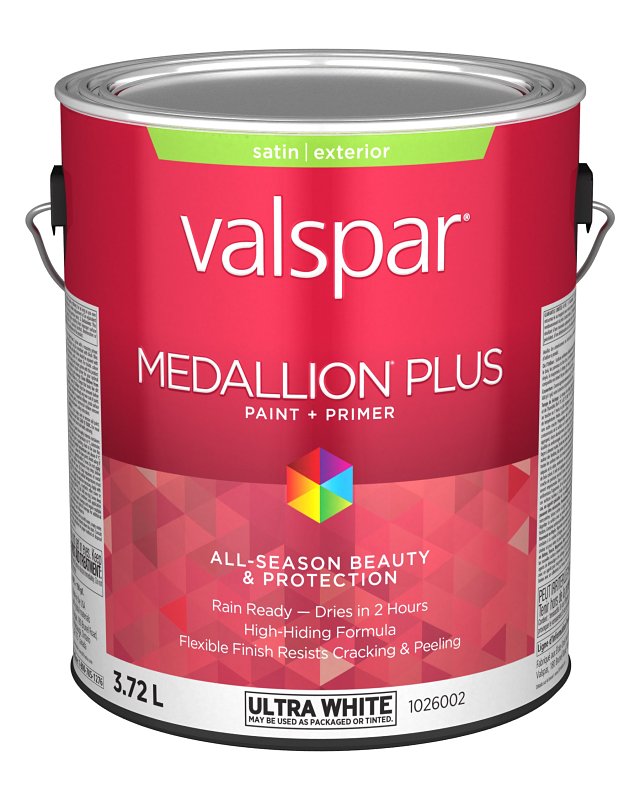 Medallion Plus 029.1026002.007 Exterior Paint and Primer, Acrylic, Satin, Ultra White, 1 gal