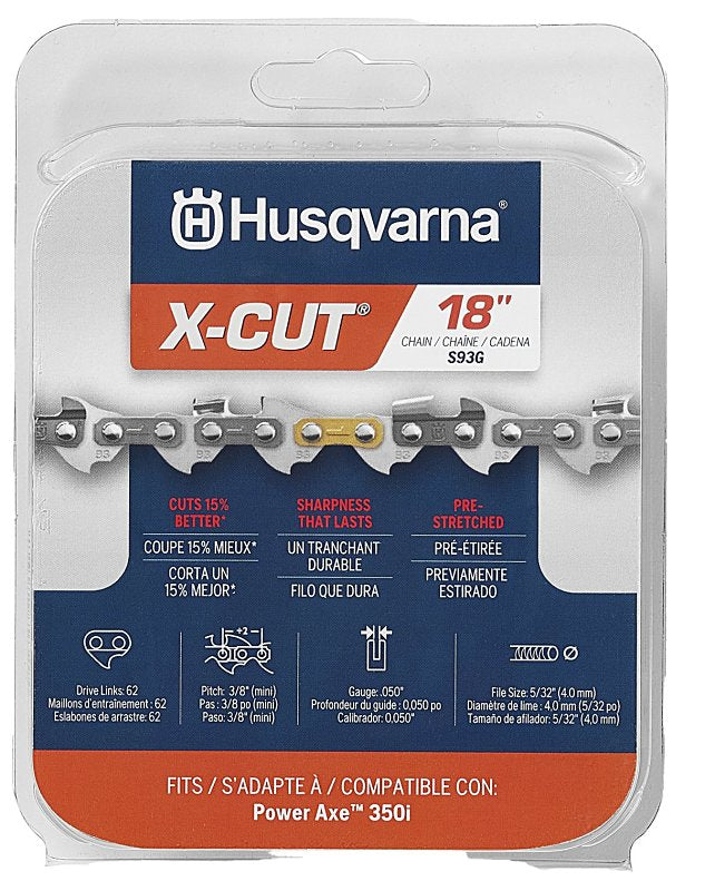 Husqvarna X-CUT S93G 597469562 Chainsaw Chain, Semi Chisel Chain, 18 in L Bar, 0.05 ga Gauge, 3/8 in TPI/Pitch