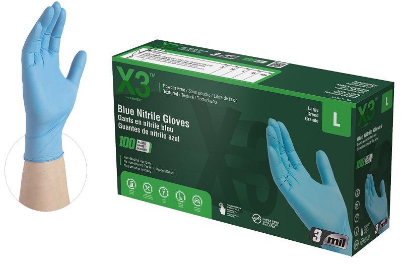 Ammex X3 Series X346100 Non-Sterile Disposable Gloves, L, Nitrile, Powder-Free, Blue