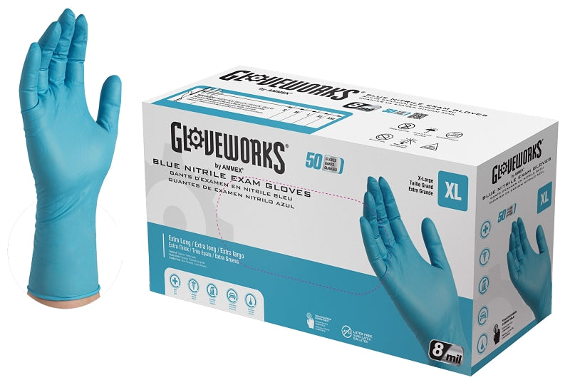 Ammex GPNHD68100 Non-Sterile Disposable Gloves, XL, Nitrile, Powder-Free, Blue, 300 mm L