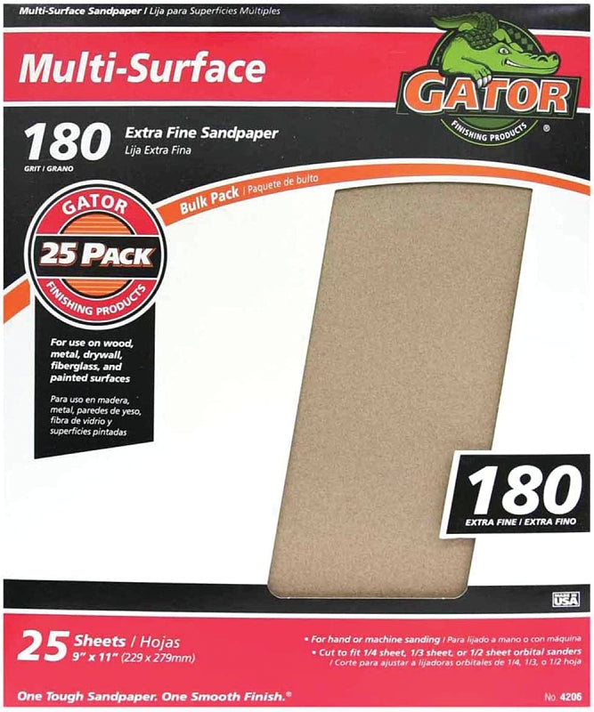 Gator 3261 Sanding Sheet, 11 in L, 9 in W, 180 Grit, Extra Fine, Aluminum Oxide Abrasive