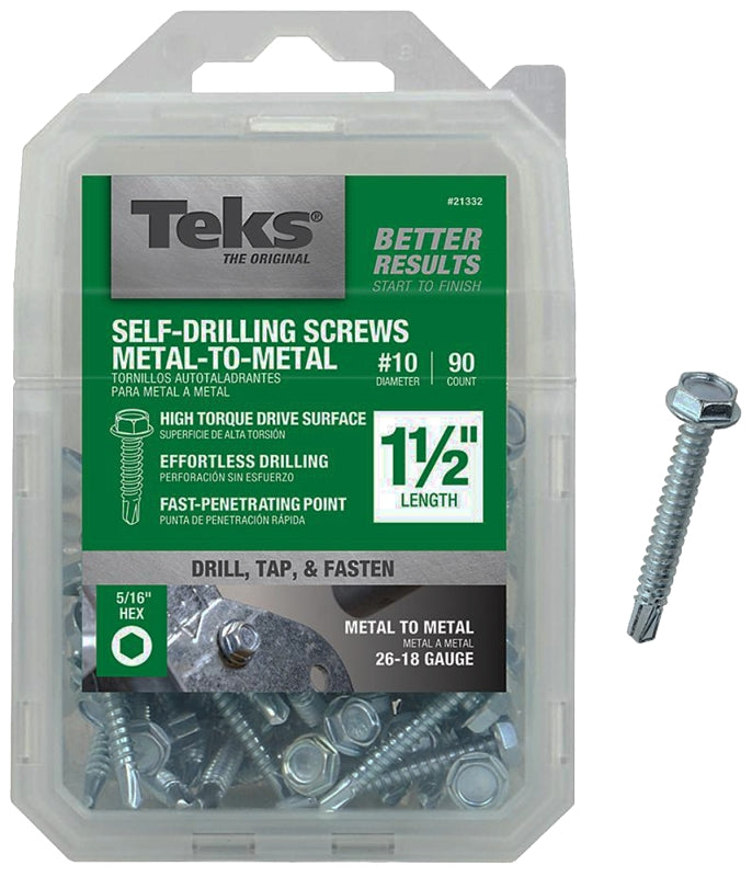 Teks 21332 Screw, #10 Thread, 1-1/2 in L, Coarse Thread, Hex Drive, Self-Drilling, Self-Tapping Point, Steel, Zinc