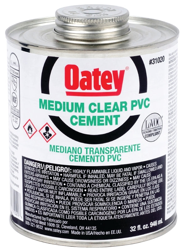 Oatey 31020 Solvent Cement, 32 oz Can, Liquid, Clear