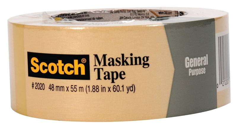 Scotch 2020-2A Masking Tape, 60 yd L, 2 in W, Crepe Paper Backing, Beige