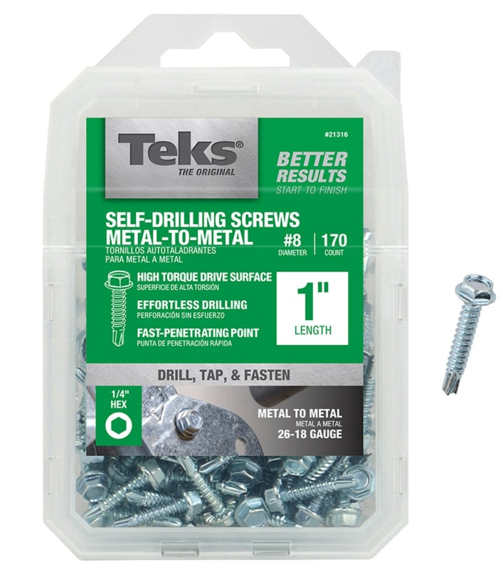 Teks 21316 Screw, #8 Thread, 1 in L, Coarse Thread, Hex Drive, Self-Drilling, Self-Tapping Point, Steel, Zinc, 170 PK