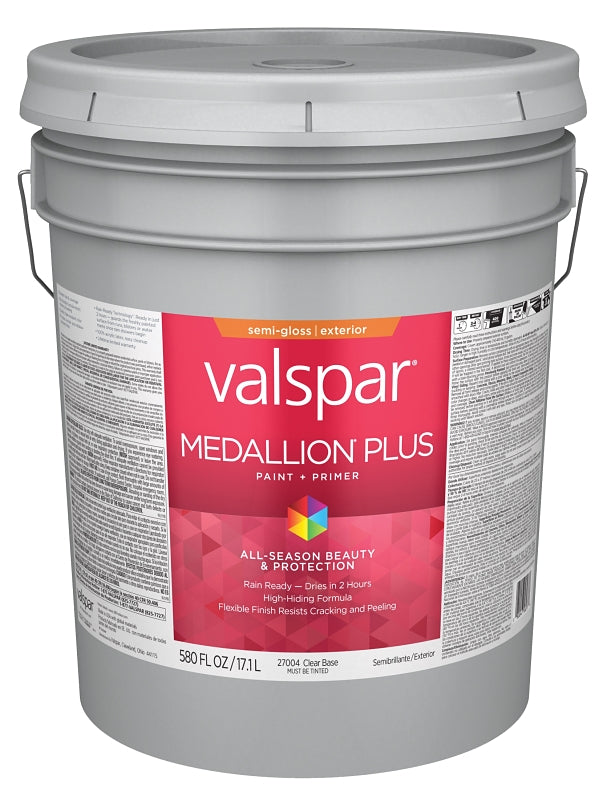 Valspar Medallion Plus 2600 028.0027004.008 Latex Paint, Acrylic Base, Semi-Gloss Sheen, Clear Base, 5 gal