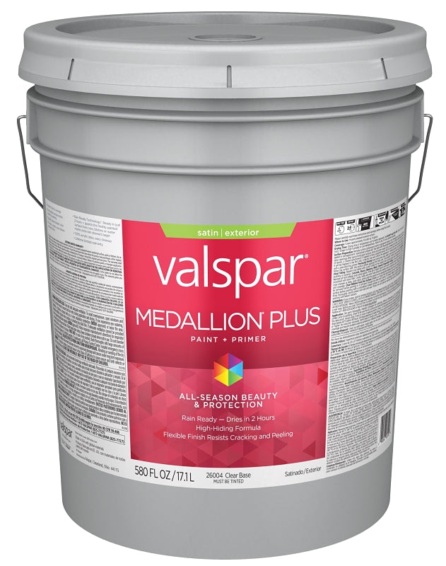 Valspar Medallion Plus 2600 028.0026004.008 Latex Paint, Acrylic Base, Satin Sheen, Clear Base, 5 gal, Plastic Pail