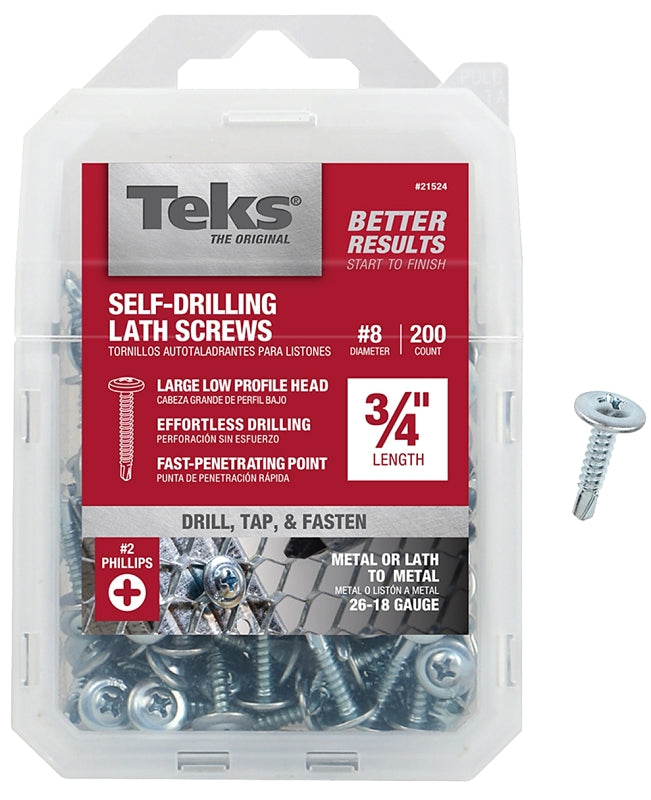 Teks 21524 Lath Screw, #8 Thread, Truss Head, Phillips Drive, Drill Point, Steel, Zinc