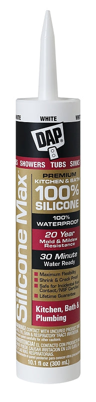 DAP SILICONE MAX 08667 Kitchen and Bath Sealant, Gloss White, 24 hr Curing, -35 to 140 deg F, 10.1 fl-oz Cartridge/Tube