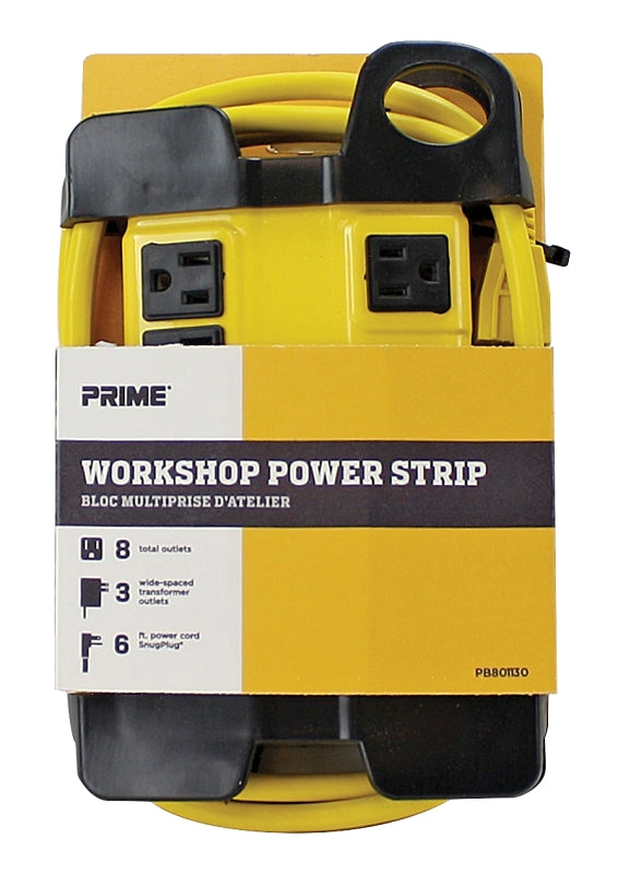 Prime PB801130 Power Strip, 6 ft L Cable, Straight Plug, 15 A, 125 V, Black/Yellow