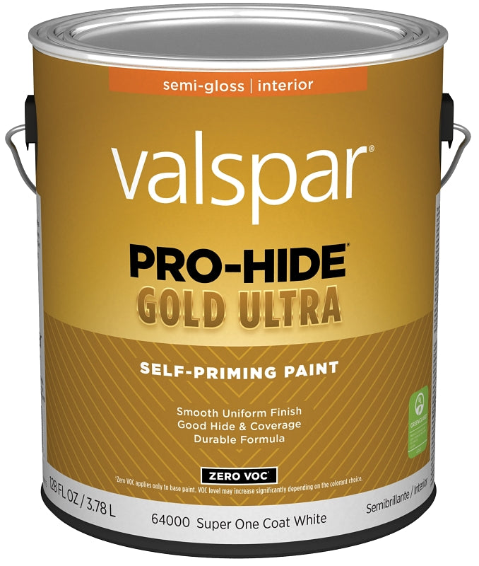 Valspar Pro-Hide Gold Ultra 6400 028.0064000.007 Latex Paint, Acrylic Base, Semi-Gloss Sheen, Super One Coat White