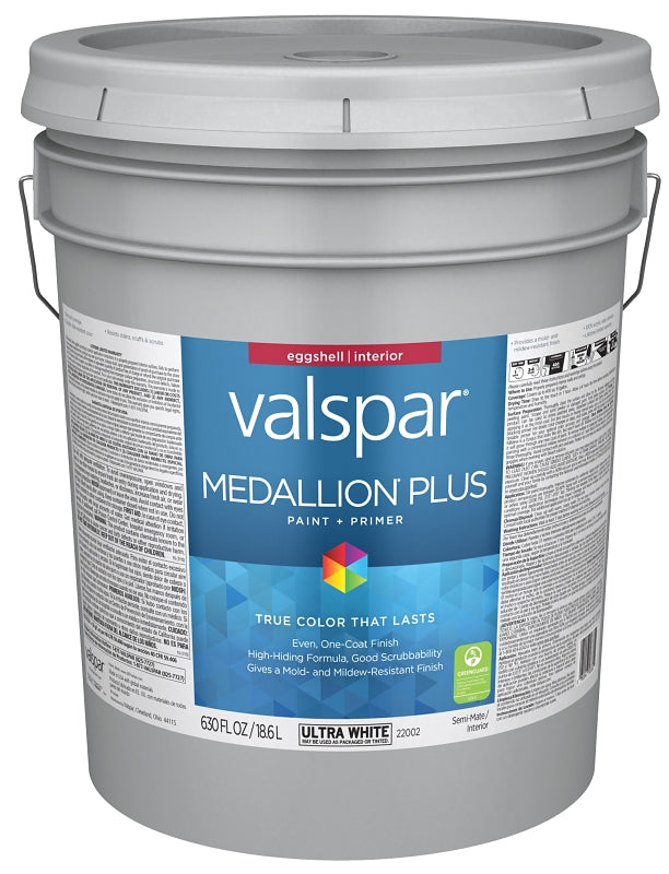 Valspar Medallion Plus 2200 028.0022002.008 Latex Paint, Acrylic Base, Eggshell Sheen, Ultra White Base, 5 gal