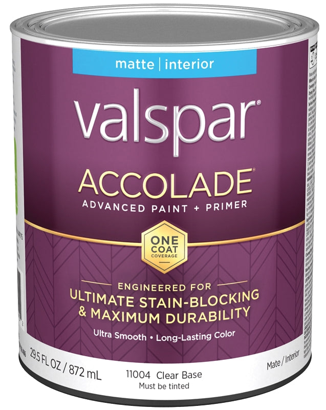 Valspar Accolade 1100 028.0011004.005 Latex Paint, Acrylic Base, Matte, Clear Base, 1 qt, Plastic Can