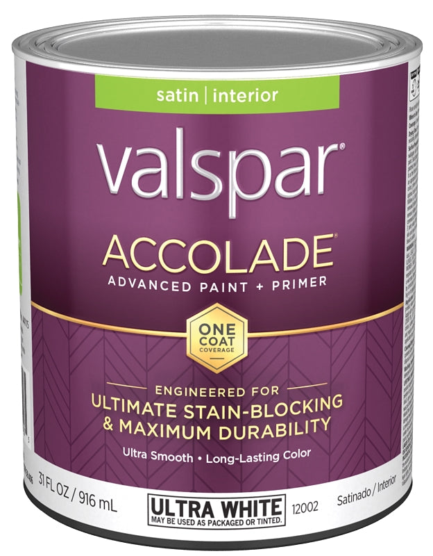 Valspar Accolade 1200 028.0012002.005 Latex Paint, Acrylic Base, Satin, Ultra White, 1 qt, Metal Can