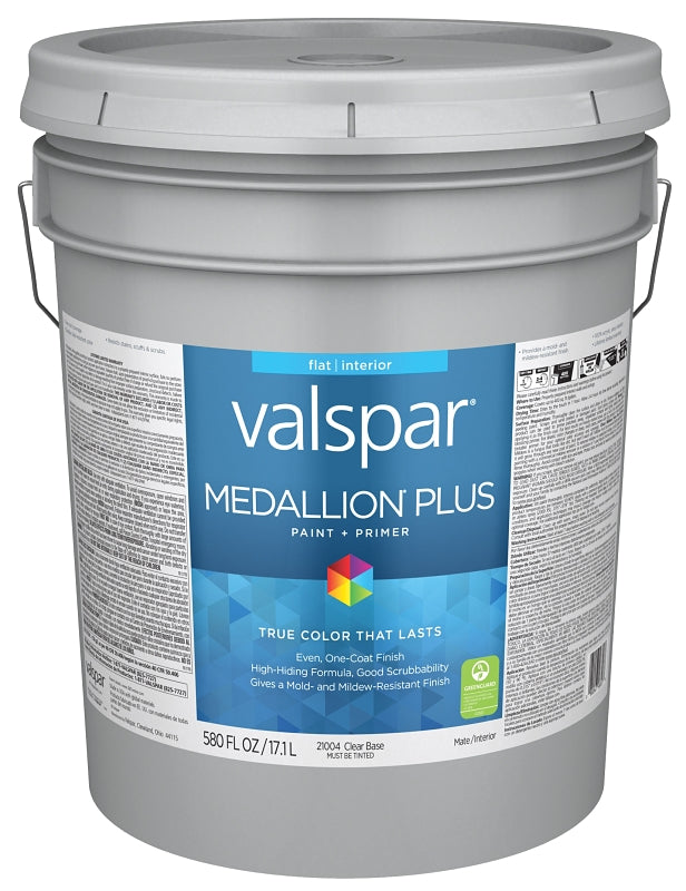 Valspar Medallion Plus 2100 028.0021004.008 Latex Paint, Acrylic Base, Flat Sheen, Clear Base, 5 gal, Plastic Pail