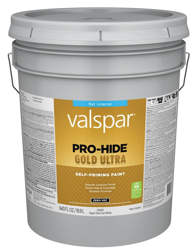 Valspar Pro-Hide Gold Ultra 6100 028.0061000.008 Latex Paint, Acrylic Base, Flat Sheen, Super One Coat White, 5 gal