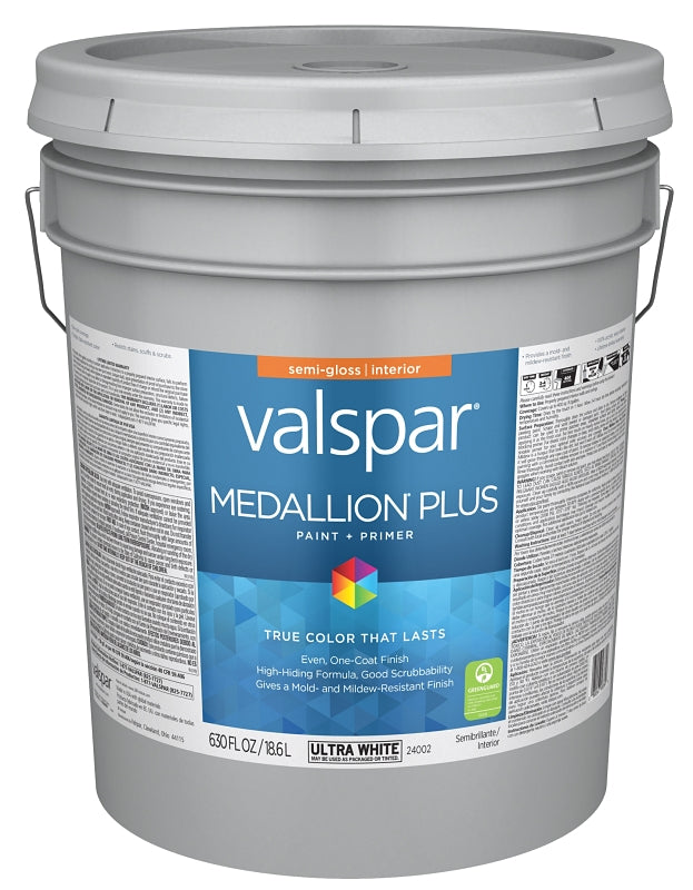 Valspar Medallion Plus 2700 028.0024002.008 Latex Paint, Acrylic Base, Semi-Gloss Sheen, Ultra White Base, 5 gal