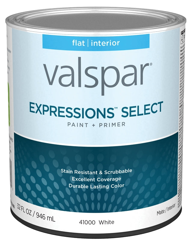 Valspar Expressions Select 4100 028.0041000.005 Latex Paint, Acrylic Base, Flat Sheen, White Base, 1 qt