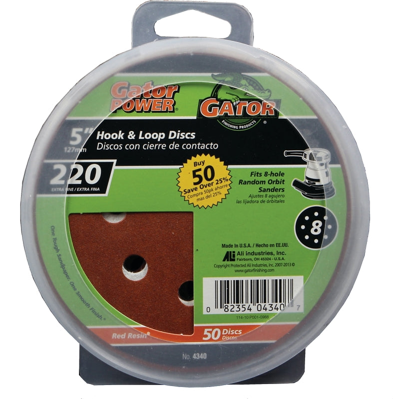 Gator 4340 Sanding Disc, 5 in Dia, 220 Grit, Extra Fine, Aluminum Oxide Abrasive, Vented