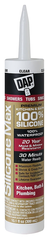 DAP SILICONE MAX 08668 Kitchen and Bath Sealant, Clear, 24 hr Curing, -35 to 140 deg F, 10.1 fl-oz Cartridge/Tube