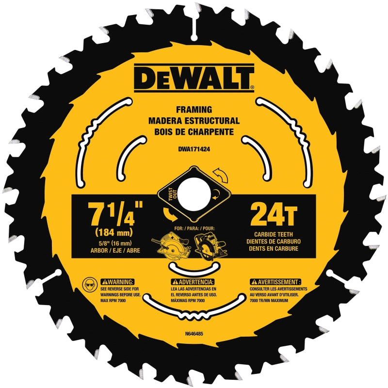 DeWALT DWA1714242 Circular Saw Blade, 7-1/4 in Dia, 5/8 in Arbor, 24-Teeth, Applicable Materials: Wood