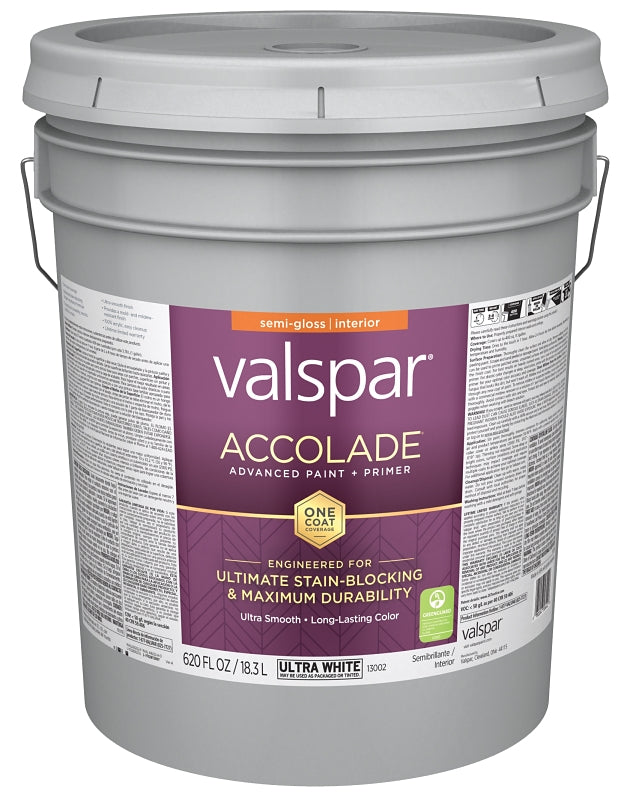 Valspar Accolade 1300 028.0013002.008 Latex Paint, Acrylic Base, Semi-Gloss, Ultra White, 5 gal, Plastic Pail