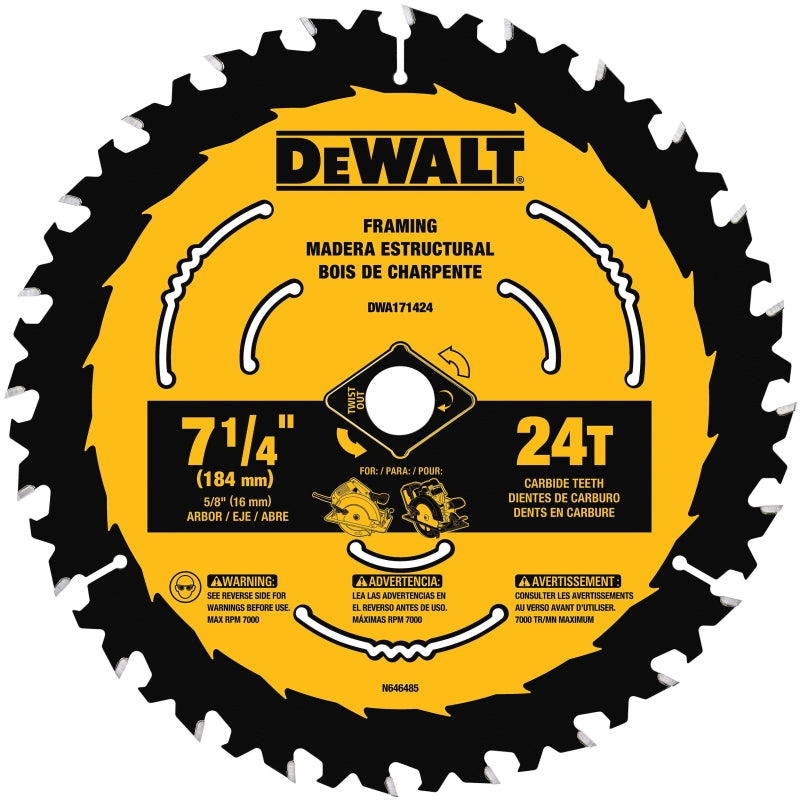 DeWALT DWA171424B10 Circular Saw Blade, 7-1/4 in Dia, 5/8 in Arbor, 24-Teeth, Tungsten Carbide Cutting Edge