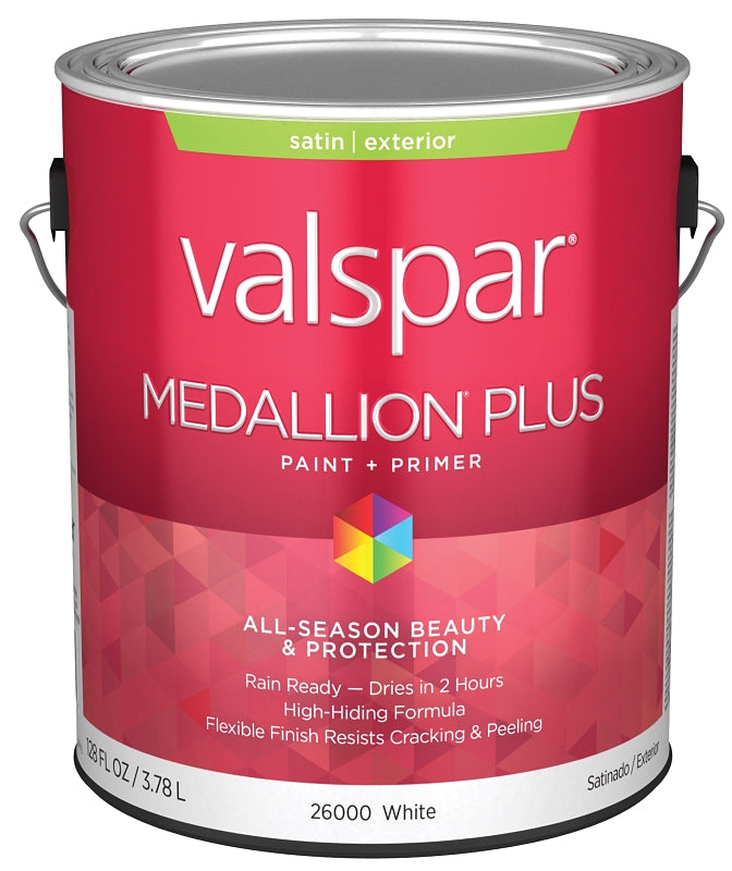 Valspar Medallion Plus 2600 028.0026000.007 Latex Paint, Acrylic Base, Satin Sheen, White Base, 1 gal, Plastic Can