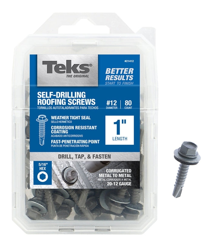 Teks 21412 Roofing Screw, #12 Thread, Coarse Thread, Hex Drive, Drill Point, Steel, Zinc