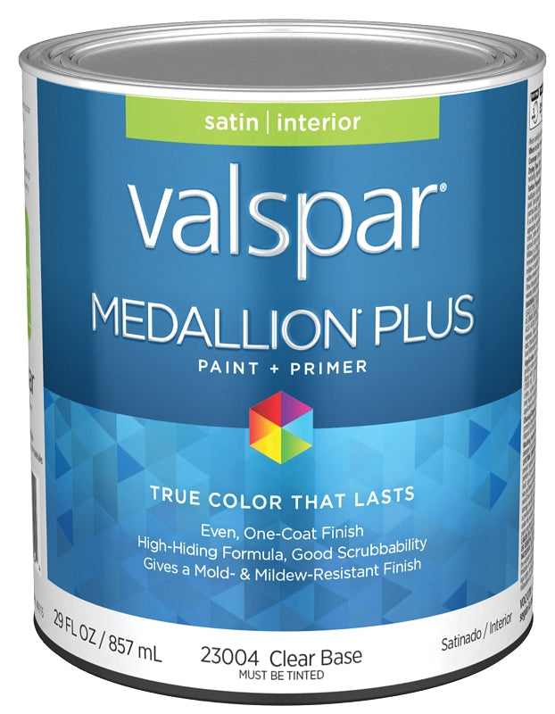 Valspar Medallion Plus 2300 028.0023004.005 Latex Paint, Acrylic Base, Satin Sheen, Clear Base, 1 qt, Plastic Can