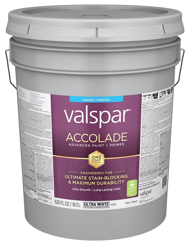 Valspar Accolade 1100 028.0011002.008 Latex Paint, Acrylic Base, Matte, Ultra White, 5 gal, Plastic Pail