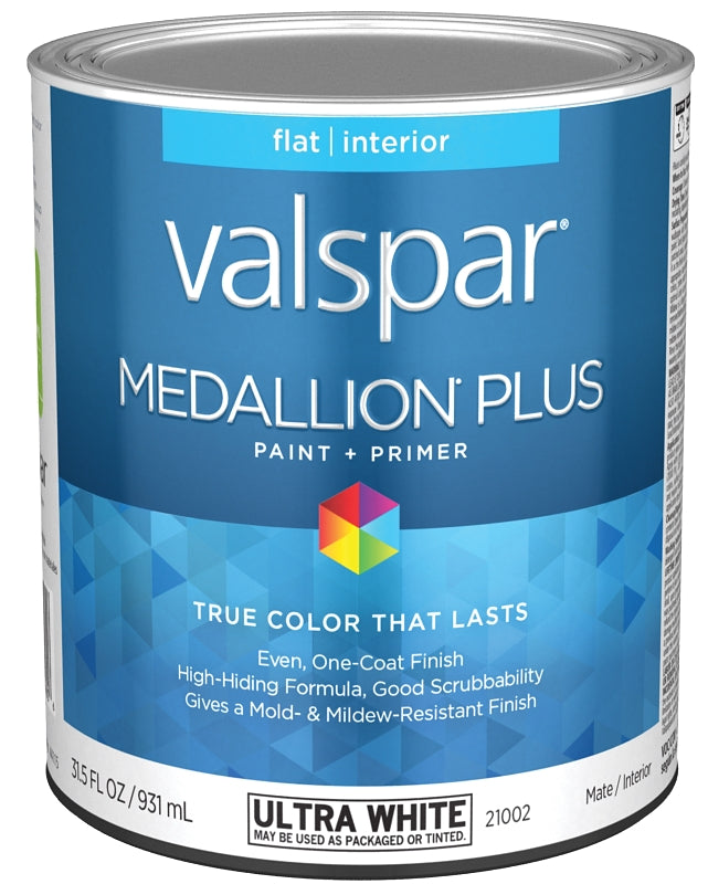 Valspar Medallion Plus 2100 028.0021002.005 Latex Paint, Acrylic Base, Flat Sheen, Ultra White Base, 1 qt