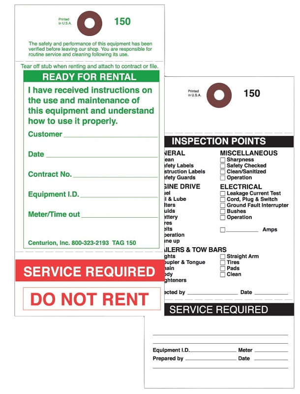 Centurion TAG150PT1 Rental Item Tag, READY-TO-RENT/SERVICE REQUIRED, 3-1/8 in W x 6-1/4 in H Dimensions