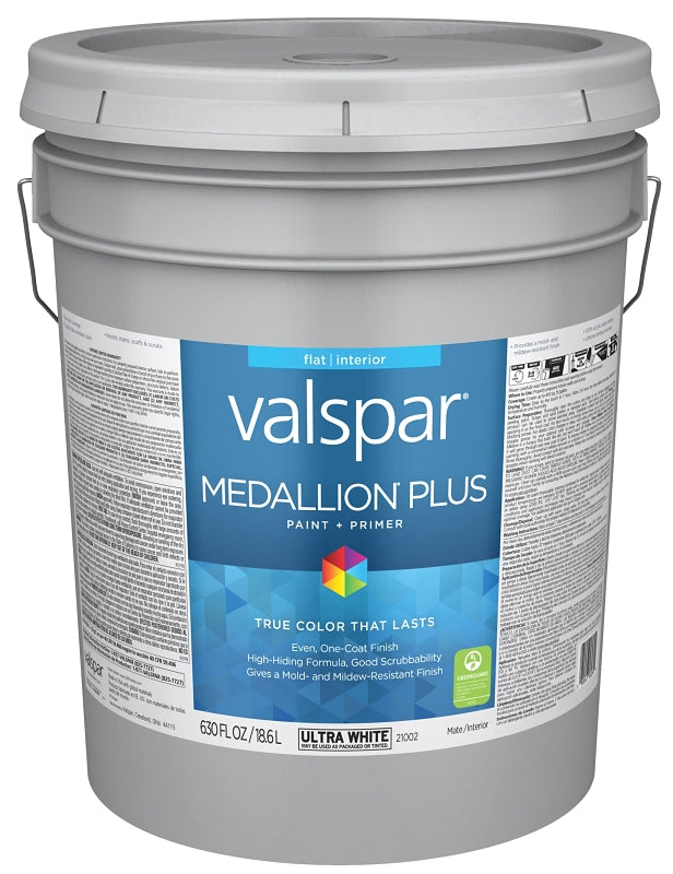 Valspar Medallion Plus 2100 028.0021002.008 Latex Paint, Acrylic Base, Flat Sheen, Ultra White Base, 5 gal