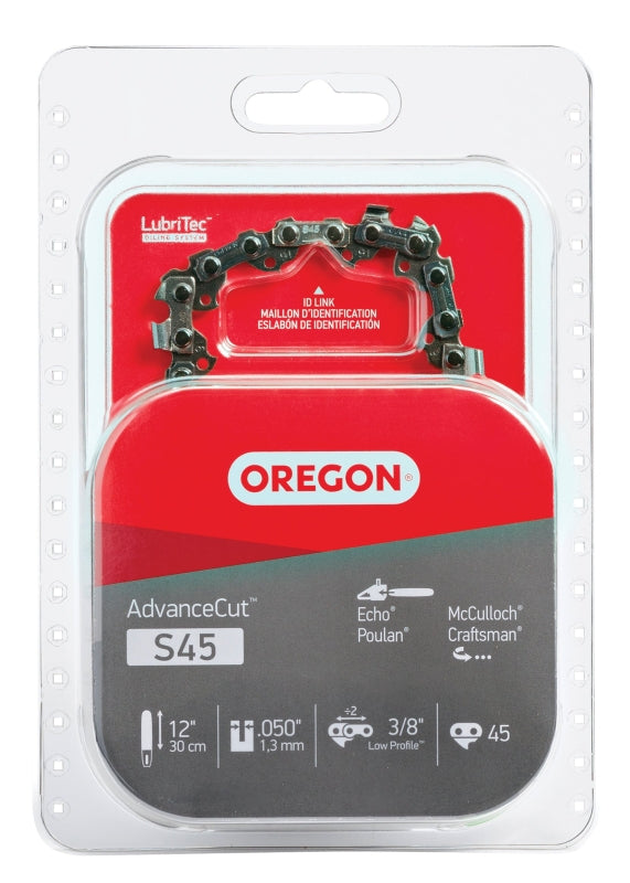 Oregon S45 Chainsaw Chain, 12 in L Bar, 0.05 Gauge, 3/8 in TPI/Pitch, 45-Link