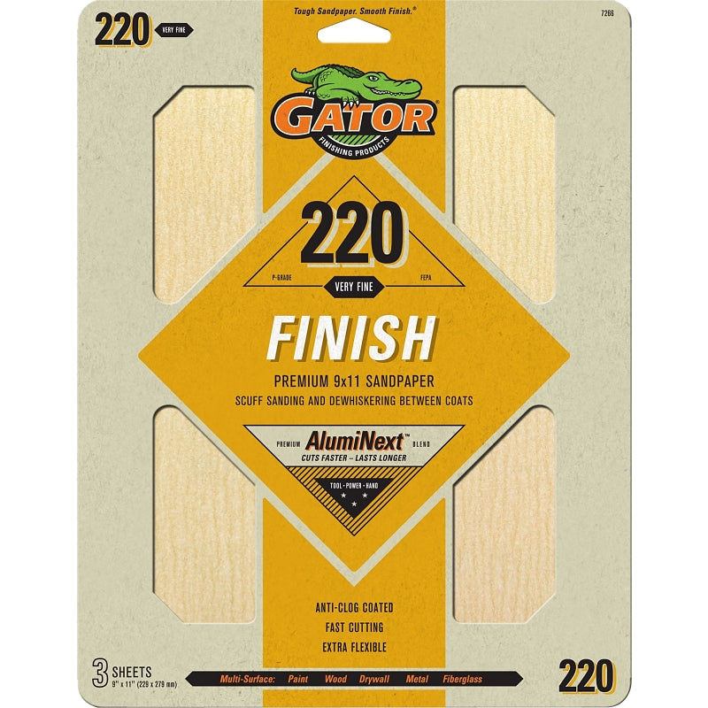 Gator 7266 Sanding Sheet, 11 in L, 9 in W, 220 Grit, Extra Fine, Aluminum Oxide Abrasive