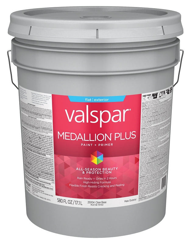 Valspar Medallion Plus 2500 028.0025004.008 Latex Paint, Acrylic Base, Flat Sheen, Clear Base, 5 gal, Plastic Pail