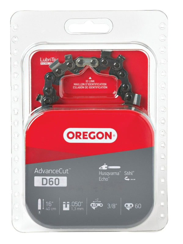 Oregon D60 Chainsaw Chain, 16 in L Bar, 0.05 Gauge, 3/8 in TPI/Pitch, 60-Link