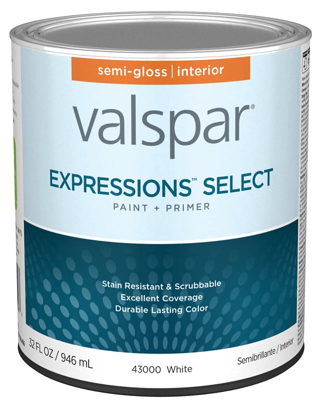 Valspar Expressions Select 4300 028.0043000.005 Latex Paint, Acrylic Base, Semi-Gloss, White Base, 1 qt