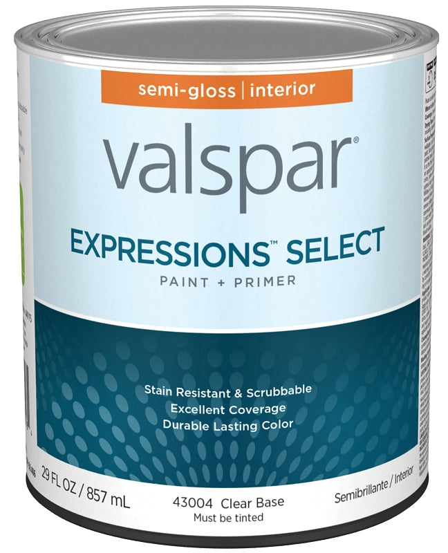 Valspar Expressions Select 4300 028.0043004.005 Latex Paint, Acrylic Base, Semi-Gloss Sheen, Clear Base, 1 qt