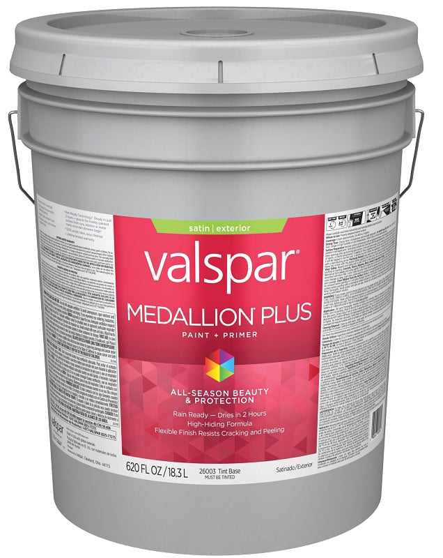 Valspar Medallion Plus 2600 028.0026003.008 Latex Paint, Acrylic Base, Satin Sheen, Tint Base, 5 gal, Plastic Pail