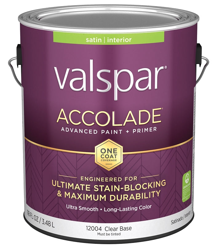 Valspar Accolade 1200 028.0012004.007 Latex Paint, Acrylic Base, Satin, Clear Base, 1 gal, Plastic Can