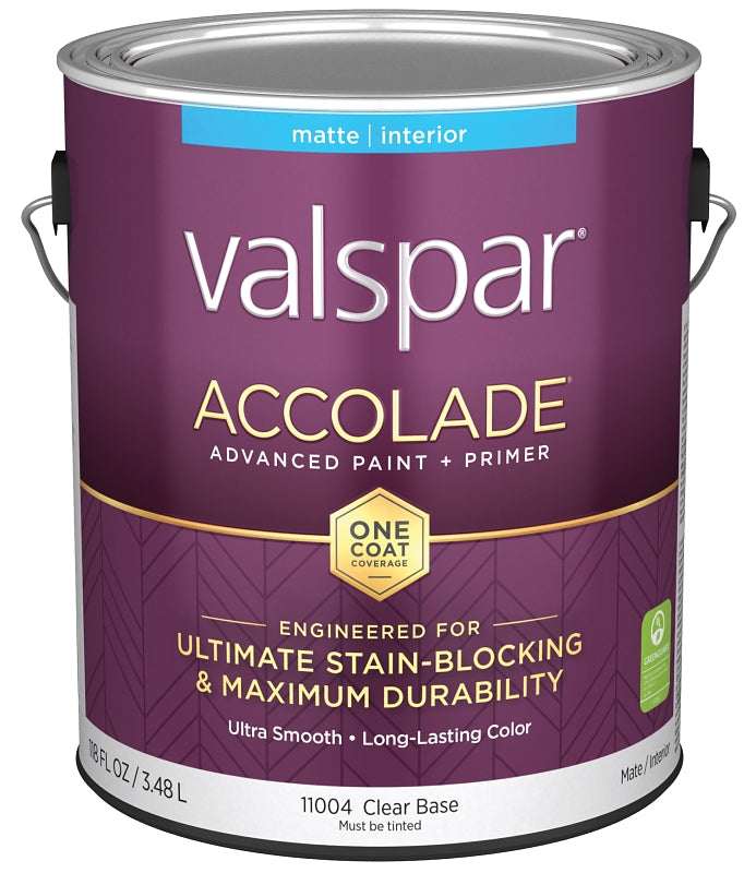 Valspar Accolade 1100 028.0011004.007 Latex Paint, Acrylic Base, Matte, Clear Base, 1 gal, Plastic Can